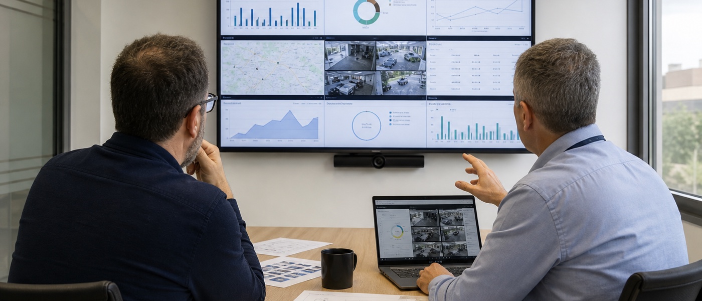 Responsables de seguridad comparando software de análisis de vídeo