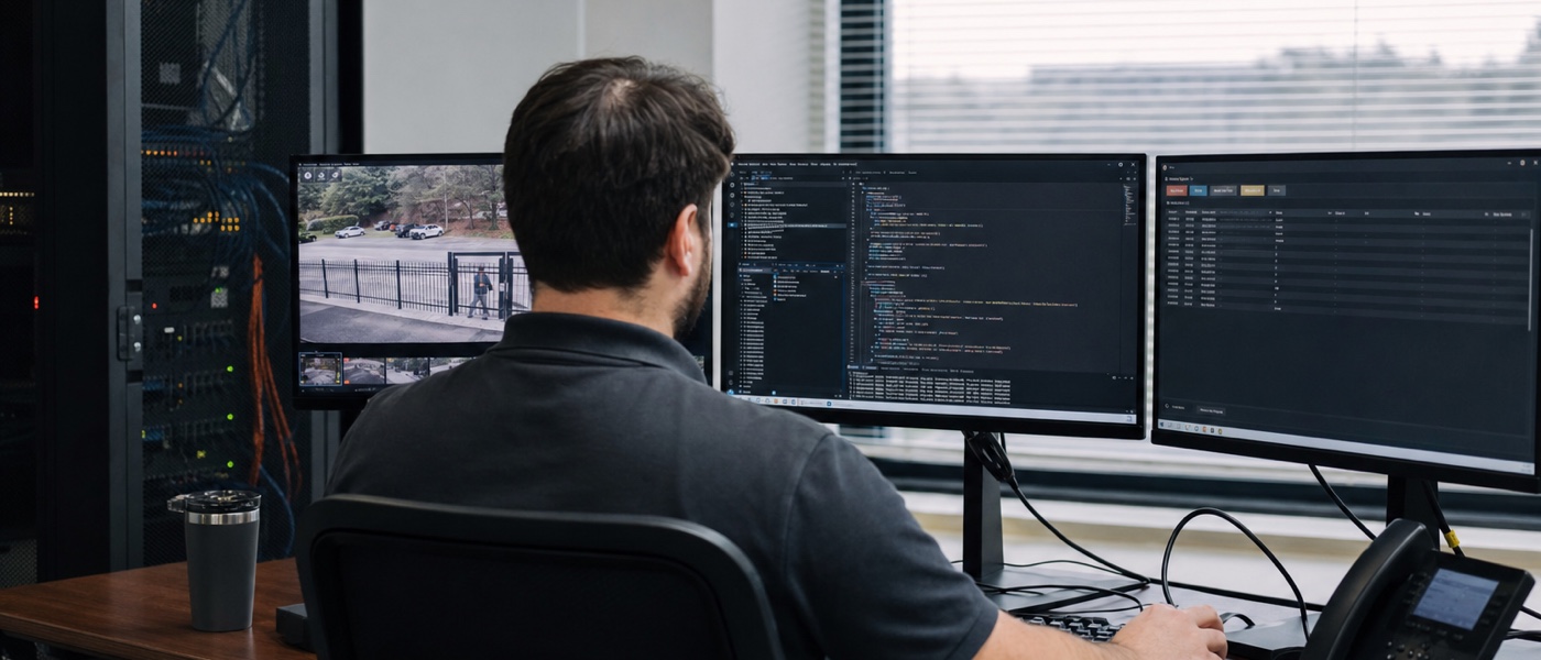 Técnico integrando vídeo, API y software de recepción